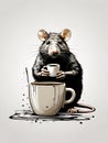 A rat, banksy's iconic mascot with coffee, a brushstroke, logo design art, t-shirt prints, white background