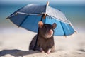 A rat basks in the summer sun on the beach under an umbrella. Animal on warm sand surrounded