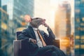 Rat in a business suit sitting comfortably in a luxurious armchair against a backdrop of towering skyscrapers, like a successful