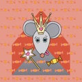 Rat character vector illustration. Mouse animal with candies, sweets. Hand drawn cartoon princess in crown