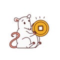 Rat Chinese new year symbols. Cute mouse holds lucky charm feng shui coin vector outline cartoon isolated illustration. Royalty Free Stock Photo
