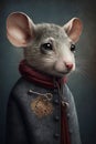 a rat in a coat with a red scarf around it\'s neck and a gold emblem on it\'s chest, with a black background.