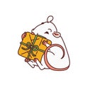 Rat cute mouse opens gift in holiday packaging. Chinese new year symbol vector outline cartoon isolated illustration. Royalty Free Stock Photo