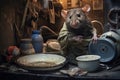 Rat on dirty unwashed dishes, abandoned kitchen. Generative AI Royalty Free Stock Photo