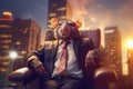 Rat dressed in business suit sits in leather armchair in its high-rise office. Successful businessman or influential politician