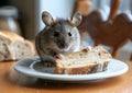 A rat is eating the bread in the plate generated by AI. Royalty Free Stock Photo