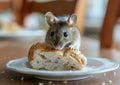 A rat is eating the bread in the plate generated by AI. Royalty Free Stock Photo