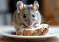 A rat is eating the bread in the plate generated by AI. Royalty Free Stock Photo