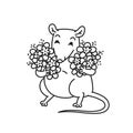 Rat with flowers in hand Chinese new year symbol. Cute mouse vector outline cartoon black white isolated illustration.