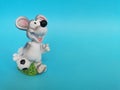 Rat football player with ball as a symbol of New 2020 year. Grey nice mouse on blue background with copy space for text and