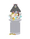 Rat in garbage can. Rodent in trash. big mouse in Dumpster. Vector illustration