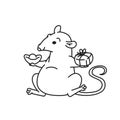 Rat with gift and lucky charm Chinese new year symbols. Cute mouse vector outline cartoon black white isolated