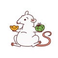 Rat with gift and lucky charm Chinese new year symbols. Cute mouse vector outline cartoon isolated illustration.