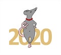 The Rat Is A Girl. An Important Rat With A Necklace Of Beads. Fashionable Mouse. Rat On The Background Of The Numbers 2020. Symbol