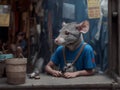 rat-headed youngman at work in an old shop