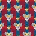 Rat king character vector seamless pattern. Mouse animal with crown. Hand drawn cartoon cute pets background