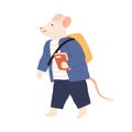 Rat or mouse cub in clothes with schoolbag. Animalistic childish character walking and hold students book. Cute school