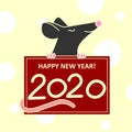 A Rat Or Mouse Holds A New Year, Christmas Poster With Congratulations, With The Numbers 2020. A Cute Smiling Rat Or Mouse. Flat