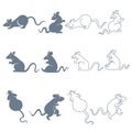 Rat or mouse isolated silhouettes and linear icons, sneaking and sitting