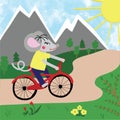 Rat or mouse rides a bicycle on the country road, mountains and trees on background. Cartoon style digital drawing for calendar Royalty Free Stock Photo