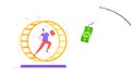 Rat race business concept with businessman running after rod dangling dollar.