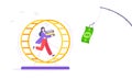 Rat race business concept with businesswoman running after rod dangling dollar.