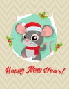 Rat Is A Symbol Of Chinese New Year. Funny Cartoon Mouse In The Hat Of Santa Claus.