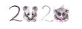 The rat is a symbol of the new year 2020. Abstract illustration of numbers for calendar. Instead of zeros, cute rats. Watercolor