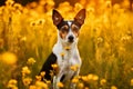 Rat terrier dog sitting in meadow field surrounded by vibrant wildflowers and grass on sunny day ai generated Royalty Free Stock Photo