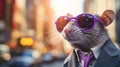 A rat wearing sunglasses and dressed in a suit on a city street