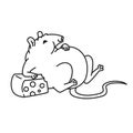 Rat white cute fat mouse too much cheese. Chinese new year symbol outline vector cartoon black white isolated Royalty Free Stock Photo