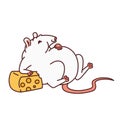 Rat white cute fat mouse too much cheese. Chinese new year symbol outline vector cartoon isolated illustration. Royalty Free Stock Photo