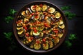 Ratatouille bowl made of eggplant, zucchini, pepper, onion and tomato