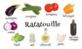 Ratatouille french vegetable dish. Set of ingredients. Vector illustration