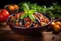 ratatouille served in a bowl, garnished with fresh basil