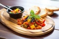 ratatouille served with crusty bread on wooden board