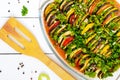 Ratatouille is a traditional vegetable dish of Provencal cuisine: pepper, eggplant, tomatoes and zucchini. Royalty Free Stock Photo