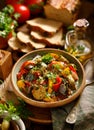 Ratatouille, Vegetarian stew made of zucchini, eggplants, peppers, onions, garlic and tomatoes with addition of aromatic herbs, to