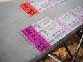 Ratchaburi , Thailand - April 05,2018 : Close up Thai lottery tickets on the stall Royalty Free Stock Photo