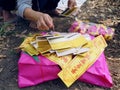 Ratchaburi , Thailand - April 05,2018 : Detail of Chinese gold joss paper are also burned in Asian funeral use for burning to ance