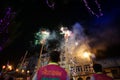 Ratchaburi, Thailand : January 17, 2018 - Chinese New Year celebration by traditional performance of lion with fireworks on the Royalty Free Stock Photo