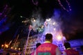 Ratchaburi, Thailand : January 17, 2018 - Chinese New Year celebration by traditional performance of lion with fireworks on the Royalty Free Stock Photo