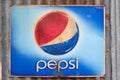 Ratchaburi, Thailand, July 21, 2019, A old grunge advertising billboard for Pepsi on wall, Pepsi is a popular carbonated soft