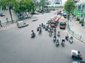 High Angle View of Motorcycles and Other Vehicles Waiting for Street Traffic Light