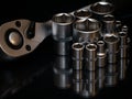 Ratchet wrench. Set of stainless steel hex sockets on shiny black surface. Universal professional tool for car repair. Low key Royalty Free Stock Photo