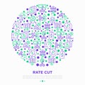 Rate cut concept in circle with thin line icons: cutting price, cost reduction, sale, discount, receipt, loyalty card, interest. Royalty Free Stock Photo