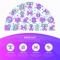 Rate cut concept in half circle with thin line icons: cutting price, cost reduction, sale, discount, receipt, loyalty card, Royalty Free Stock Photo