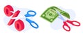 Rate cut concept. Scissors cutting dollar banknote and percentage. Economic crisis, money banking nominal recession Royalty Free Stock Photo