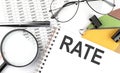 RATE - the inscription of text on the Notepad, and chart. Business concept Royalty Free Stock Photo