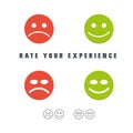 Rate your experience customer survey emoticons. Feedback good or bad. Positive or negative review. Vector illustration